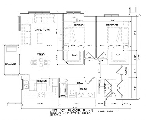 Floor plan for 2 beds, 1 bath, 1105 sqft
